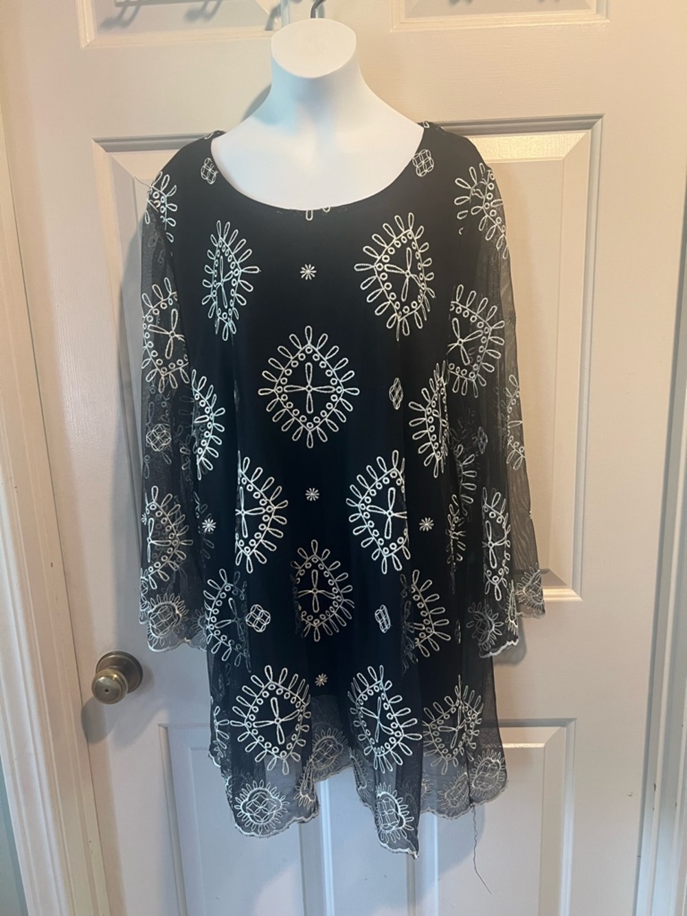 Alfani Black Tunic with White Embroidered Medallions